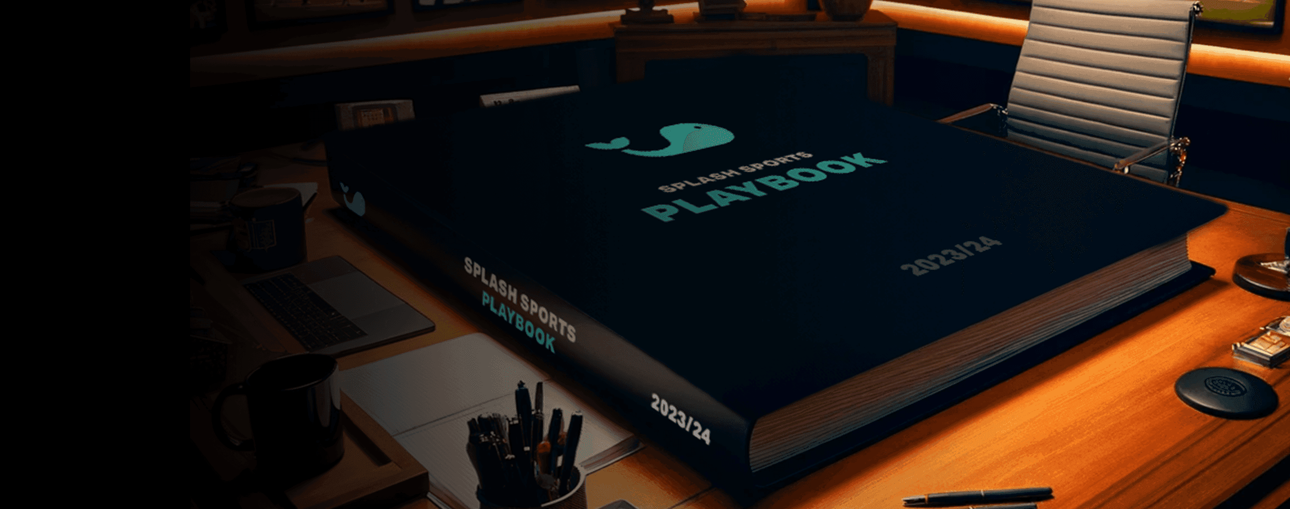 Fantasy sports app playbook labeled “Splash Sports 2023/24” on a desk in an office setting.
