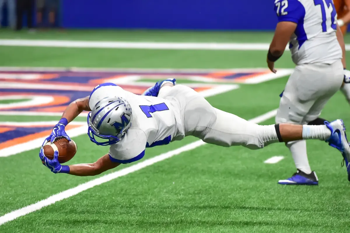 NFL daily fantasy action with a player making a diving catch on the football field