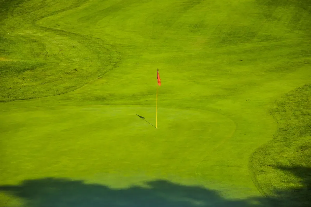 A vibrant green golf course with a red flagstick marking the hole under bright sunlight.