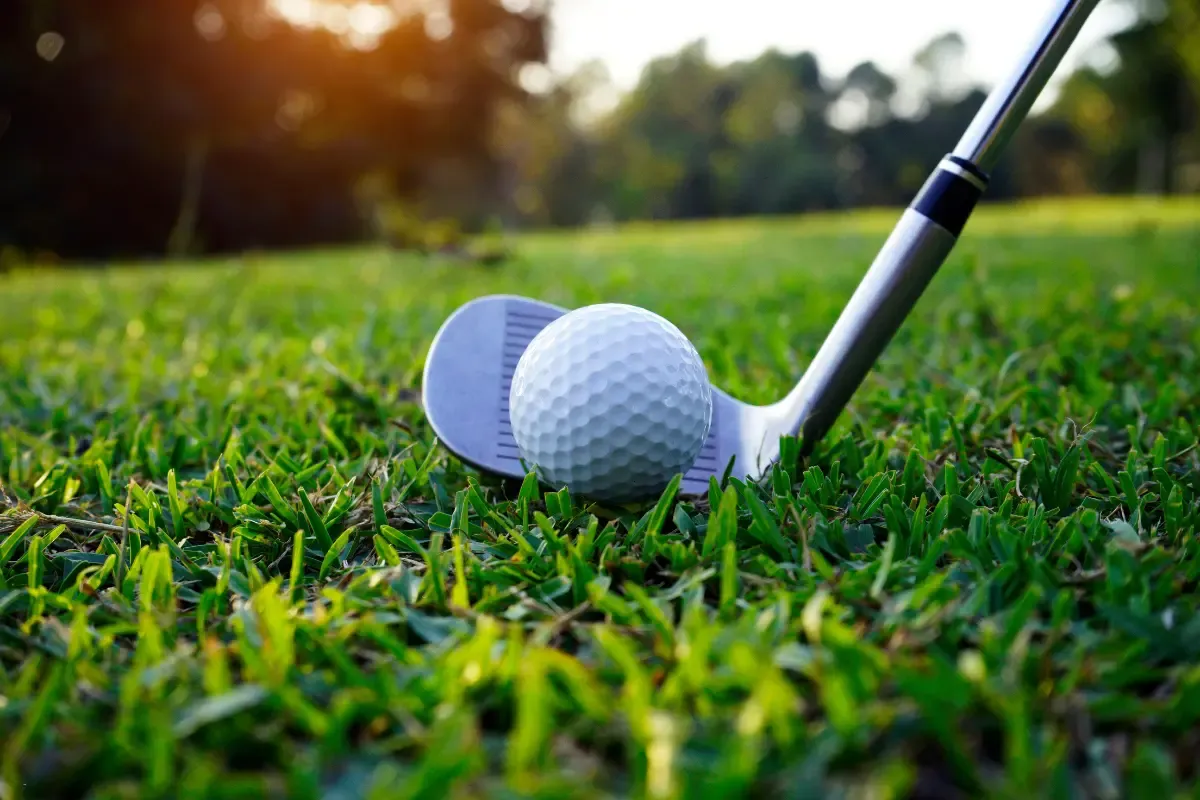 Fantasy tour golf moment as an iron club prepares to strike a ball on the grass.