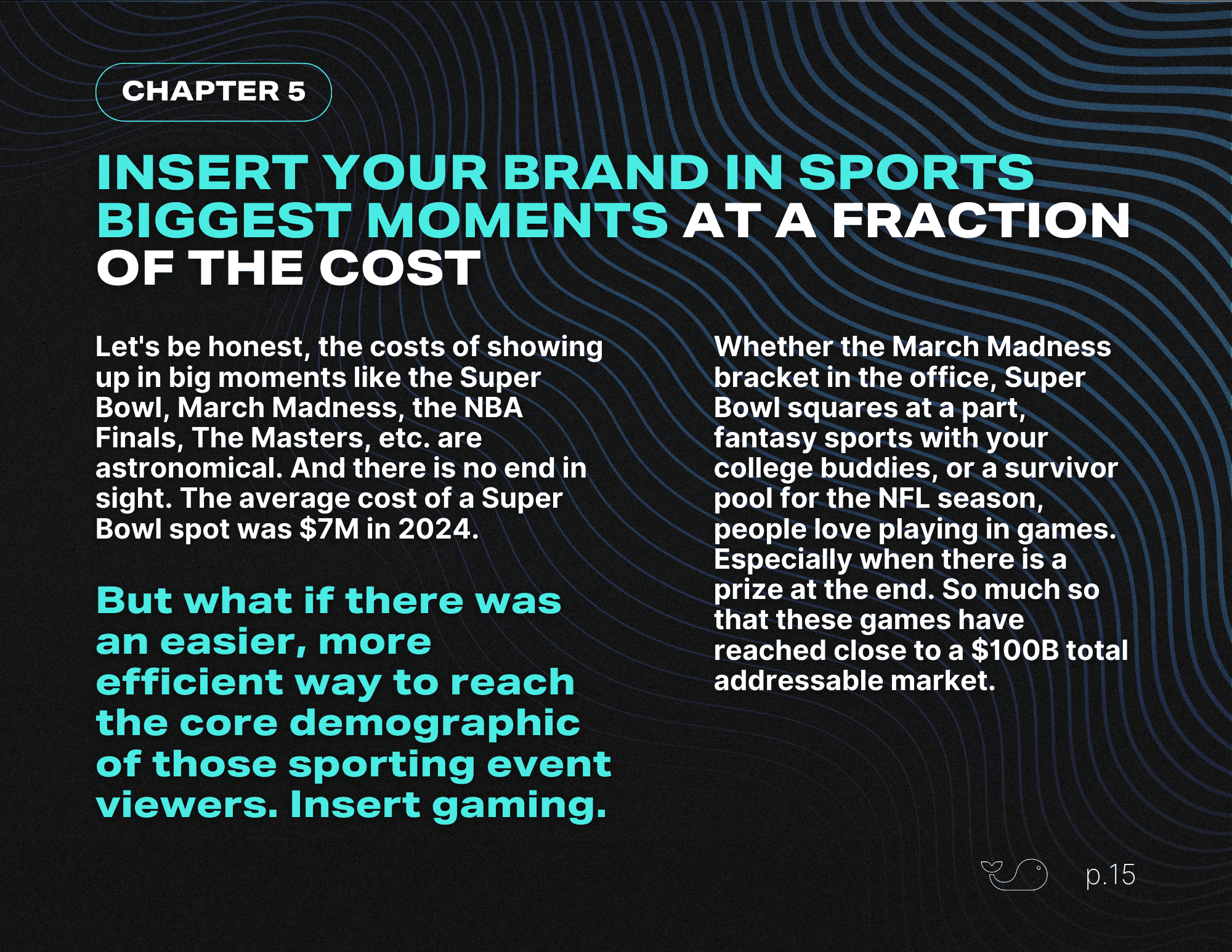 Chapter 5 playbook page with teal and white text on a dark wavy background explaining low-cost sports marketing through gamification.