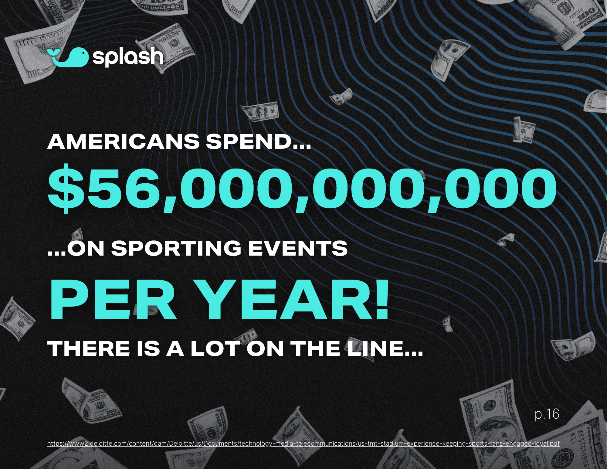 Infographic-style page with floating money and bold text stating Americans spend $56 billion on sporting events each year.