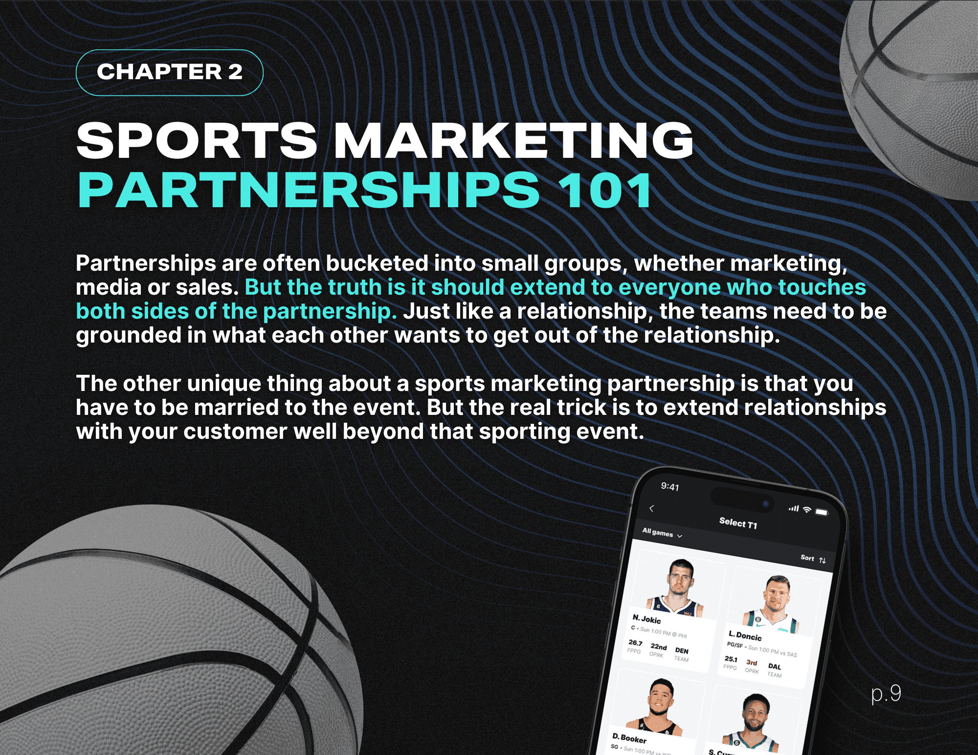 Sports marketing partnerships 101 graphic with basketball imagery and a mobile app showing NBA player stats for fan engagement