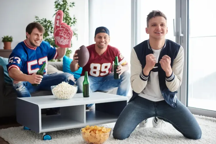 Friends in football jerseys cheering with snacks and drinks, watching a game in a living room