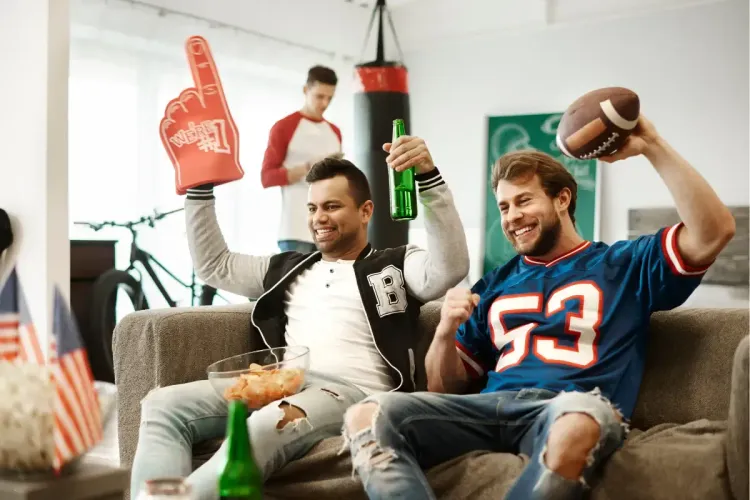 NFL pool games atmosphere as two friends cheer on their team while watching football at home