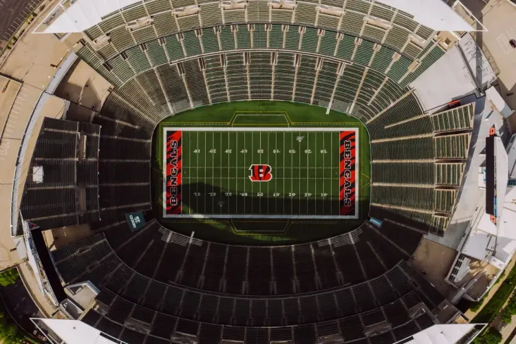 Aerial view of a football stadium featuring a Bengals field layout