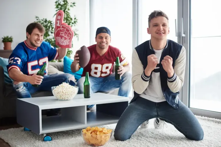 Survivor fantasy league excitement as three football fans celebrate with popcorn, drinks, and foam finger in a bright room.