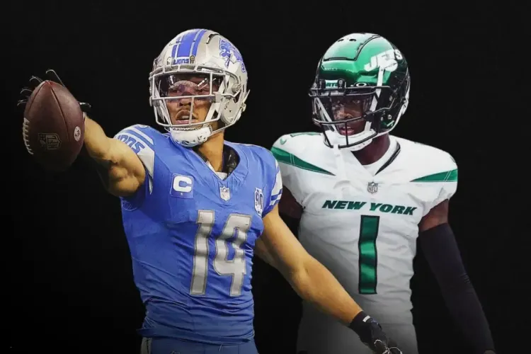 Lions and Jets players face off in a dramatic NFL game-day moment.