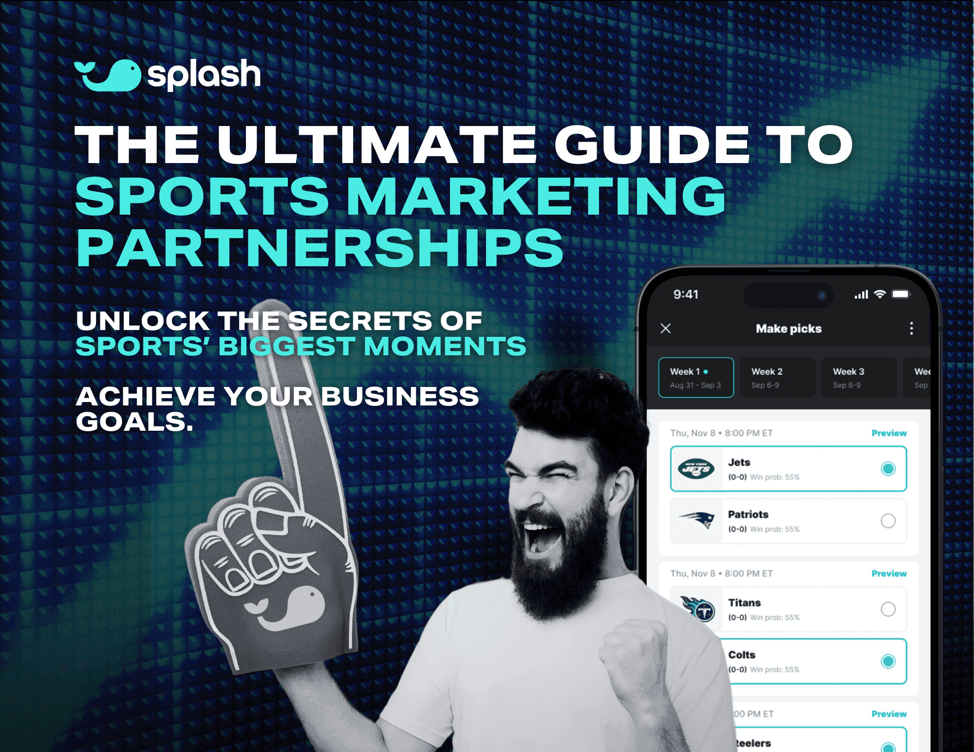 Survivor pool app promotion featuring excited fan and NFL matchup picks on smartphone screen with Splash branding